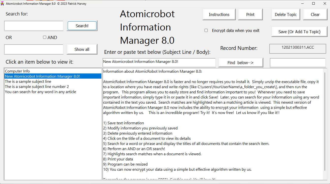 Atomicrobot Information Manager screenshot